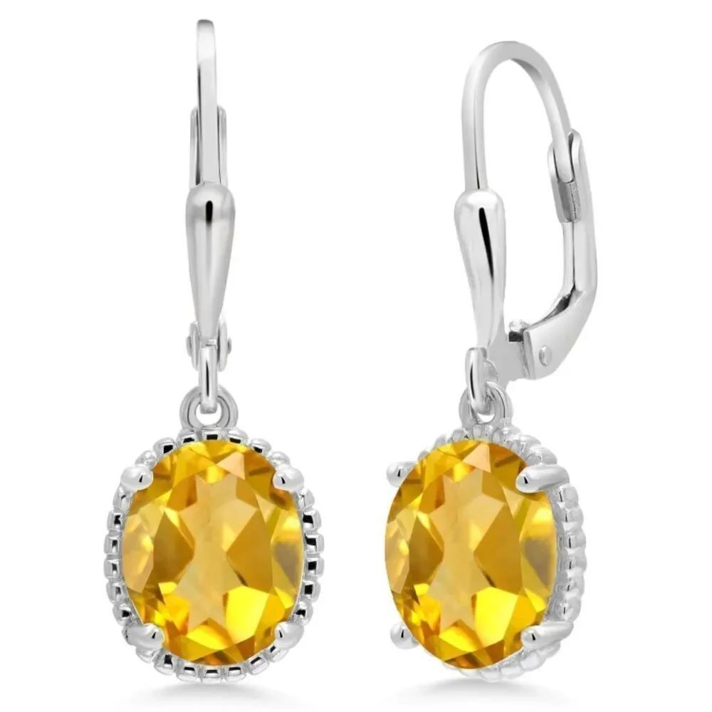 925 Sterling Silver with 3.00 Cttw Yellow Citrine Oval Leverback Earrings